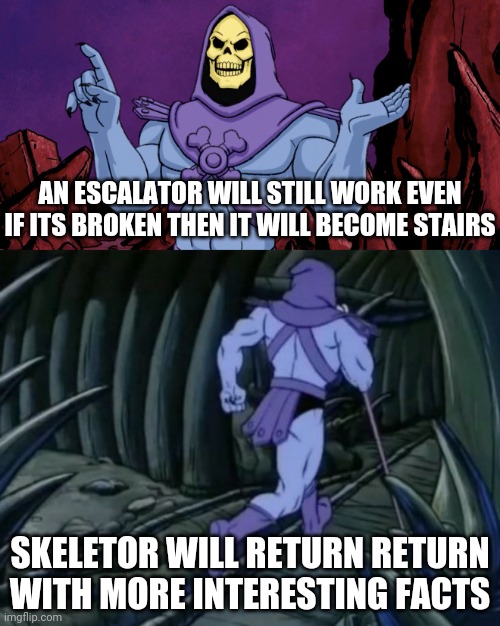 Wow, that really interesting | AN ESCALATOR WILL STILL WORK EVEN IF ITS BROKEN THEN IT WILL BECOME STAIRS; SKELETOR WILL RETURN RETURN WITH MORE INTERESTING FACTS | image tagged in skeletor until we meet again,facts | made w/ Imgflip meme maker