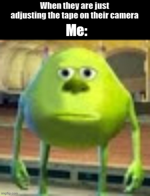 Sully Wazowski | When they are just adjusting the tape on their camera; Me: | image tagged in sully wazowski | made w/ Imgflip meme maker