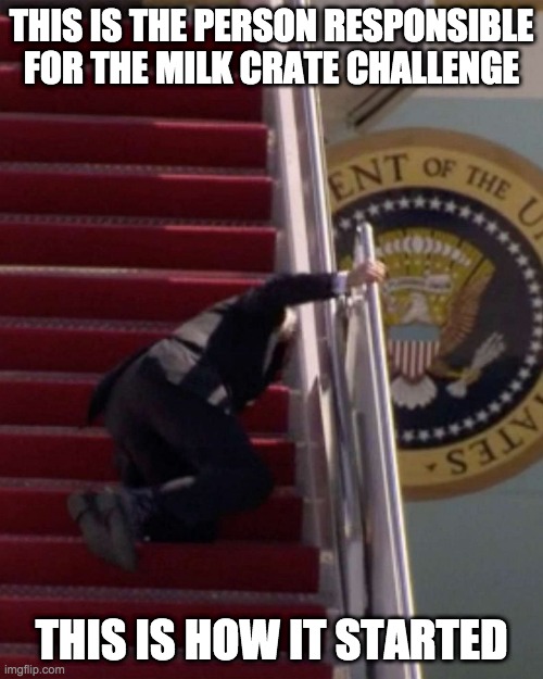 milk crate challenge - rohb/rupe | THIS IS THE PERSON RESPONSIBLE FOR THE MILK CRATE CHALLENGE; THIS IS HOW IT STARTED | image tagged in milk crate challenge,joe biden | made w/ Imgflip meme maker