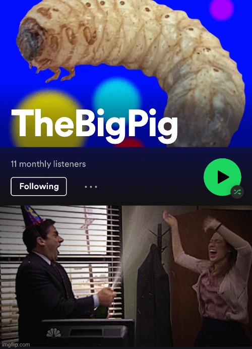 It’s growing slowly, but it’s growing. | image tagged in michael scott stressed celebrate,funny,spotify,thebigpig | made w/ Imgflip meme maker