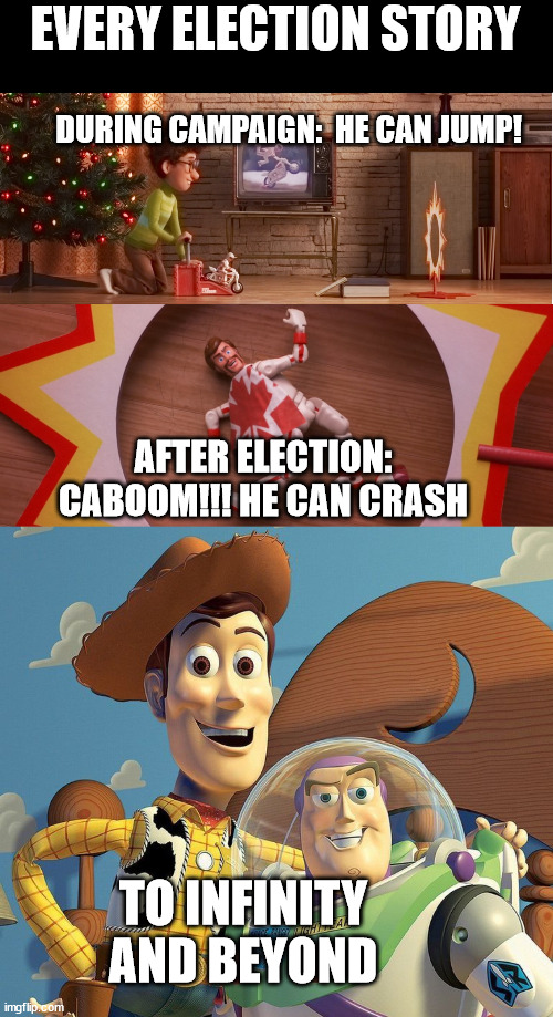  EVERY ELECTION STORY; DURING CAMPAIGN:  HE CAN JUMP! AFTER ELECTION: CABOOM!!! HE CAN CRASH; TO INFINITY AND BEYOND | image tagged in toy story,carboom,canadian election,woody,buzz lightyear,duke carboom | made w/ Imgflip meme maker