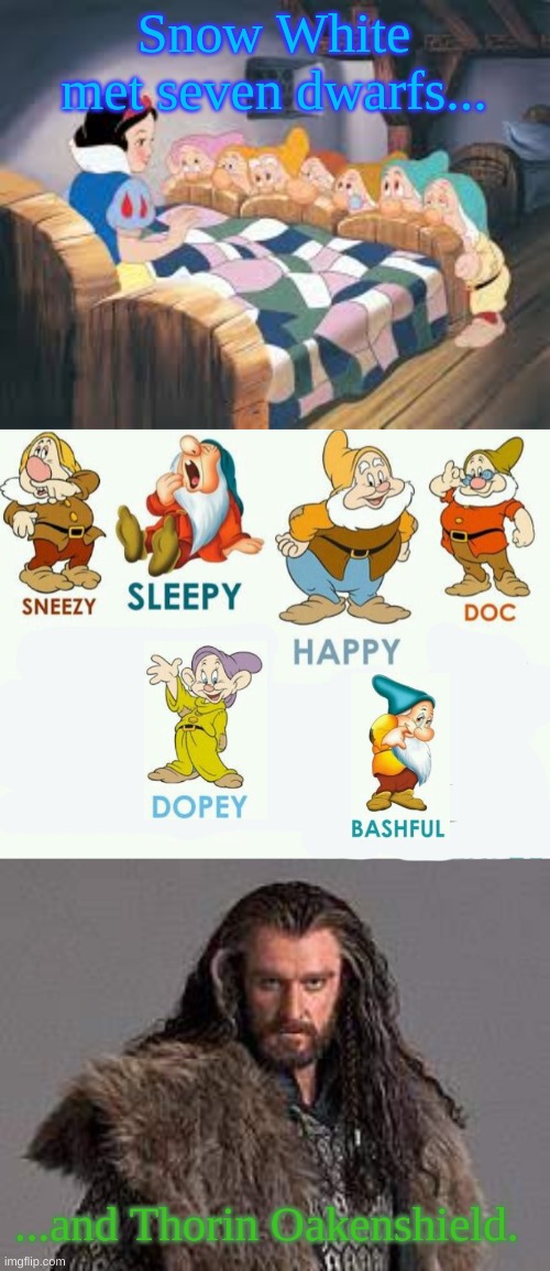 Add "And Thorin Oakenshield" to anything.... | Snow White met seven dwarfs... ...and Thorin Oakenshield. | image tagged in lord of the rings,disney,dwarf,snow white | made w/ Imgflip meme maker