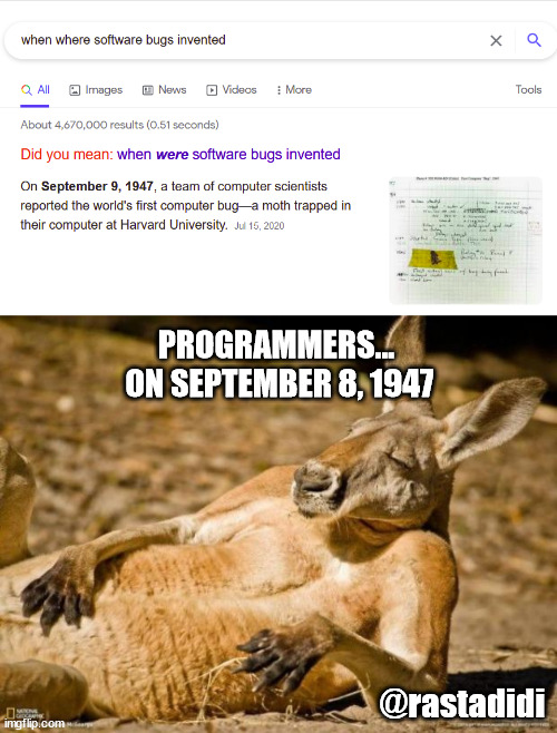 Programers before bugs were invented |  PROGRAMMERS...
 ON SEPTEMBER 8, 1947; @rastadidi | image tagged in chillin kangaroo,programming,programmers,bugs | made w/ Imgflip meme maker