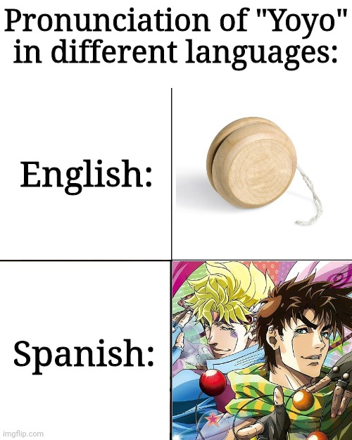 I came up with this in Spanish class lol | Pronunciation of "Yoyo" in different languages:; English:; Spanish: | image tagged in jojo's bizarre adventure,jojo,jjba,anime | made w/ Imgflip meme maker