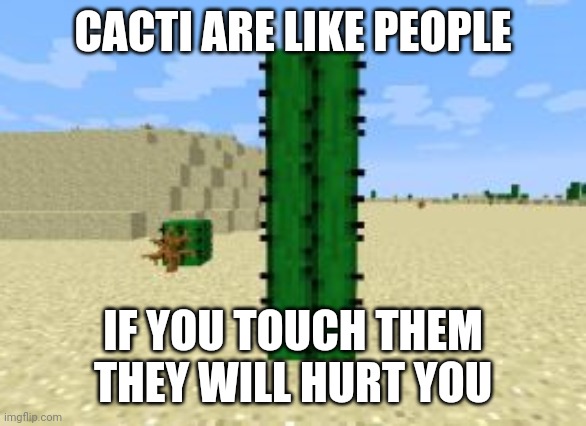 Cacti are like people |  CACTI ARE LIKE PEOPLE; IF YOU TOUCH THEM THEY WILL HURT YOU | image tagged in minecraft,cactus,cacti,touch | made w/ Imgflip meme maker