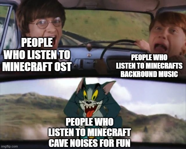 lul |  PEOPLE WHO LISTEN TO MINECRAFT OST; PEOPLE WHO LISTEN TO MINECRAFTS BACKROUND MUSIC; PEOPLE WHO LISTEN TO MINECRAFT CAVE NOISES FOR FUN | image tagged in tom chasing harry and ron weasly | made w/ Imgflip meme maker