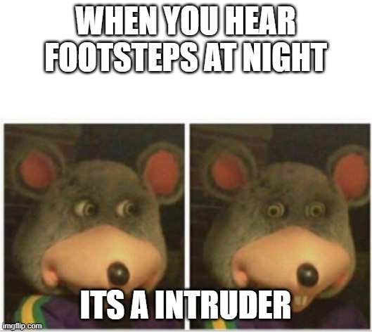chuck e cheese rat stare |  WHEN YOU HEAR FOOTSTEPS AT NIGHT; ITS A INTRUDER | image tagged in chuck e cheese rat stare | made w/ Imgflip meme maker