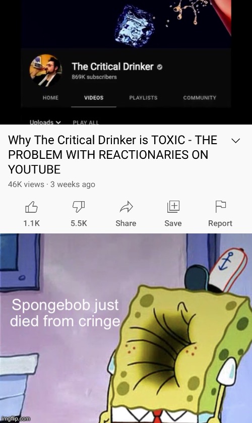 Critical Drinker is the best | image tagged in spongebob just died from cringe,funny,memes,critical drinker | made w/ Imgflip meme maker