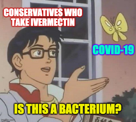 Antibiotics don't work against viruses. | CONSERVATIVES WHO
TAKE IVERMECTIN; COVID-19; IS THIS A BACTERIUM? | image tagged in memes,is this a pigeon,coronavirus,antibiotics,conservatives vs science | made w/ Imgflip meme maker