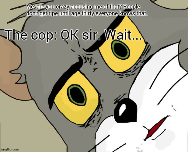 Cop: did you eat that twenty year old?! | Me: are you crazy accusing me of that? People don't get ripe until age thirty everyone knows that. The cop: OK sir. Wait... | image tagged in memes,unsettled tom | made w/ Imgflip meme maker