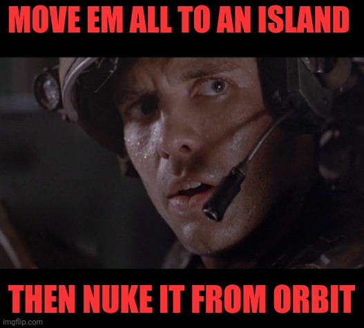 nuke it from orbit | MOVE EM ALL TO AN ISLAND THEN NUKE IT FROM ORBIT | image tagged in nuke it from orbit | made w/ Imgflip meme maker