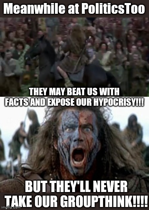 Meanwhile at PoliticsToo; THEY MAY BEAT US WITH FACTS AND EXPOSE OUR HYPOCRISY!!! BUT THEY'LL NEVER TAKE OUR GROUPTHINK!!!! | image tagged in brave heart | made w/ Imgflip meme maker
