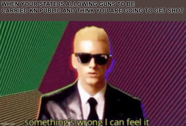 bad luck brian |  WHEN YOUR STATE IS ALLOWING GUNS TO BE CARRIED KN PUBLIC AND THINK YOU ARE GOING TO GET SHOT | image tagged in something's wrong i can feel it,guns,funny,funny memes,memes,bad luck brian | made w/ Imgflip meme maker