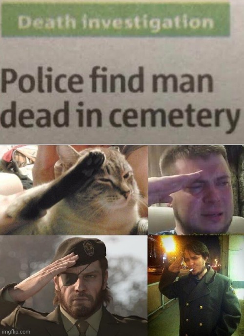 *salutes to the dead man* | image tagged in ozon's salute,memes,news,headlines,dead,cemetery | made w/ Imgflip meme maker