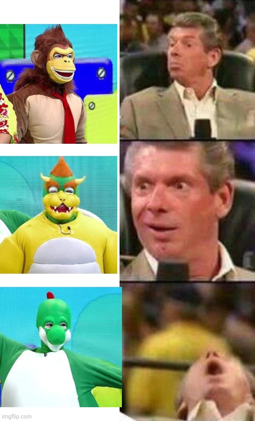 WHAT DID THEY DO TO YOSHI? | image tagged in vince mcmahon,super mario bros,bowser,donkey kong,yoshi | made w/ Imgflip meme maker