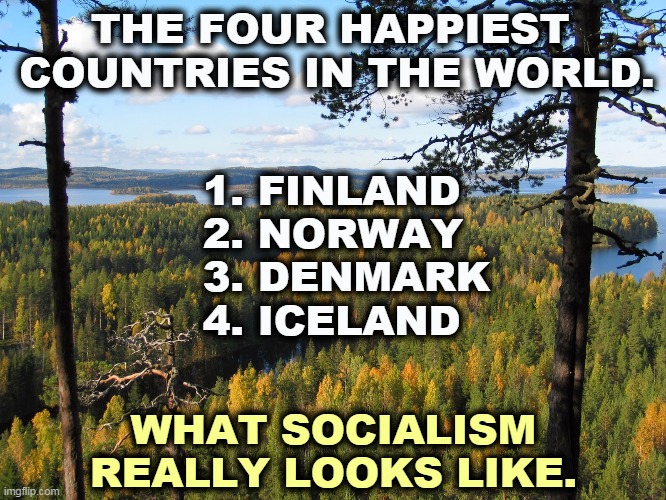 Any government program that doesn't make a Republican rich is called socialism. | THE FOUR HAPPIEST 
COUNTRIES IN THE WORLD. 1. FINLAND
2. NORWAY
3. DENMARK
4. ICELAND; WHAT SOCIALISM REALLY LOOKS LIKE. | image tagged in socialism,happy,countries | made w/ Imgflip meme maker