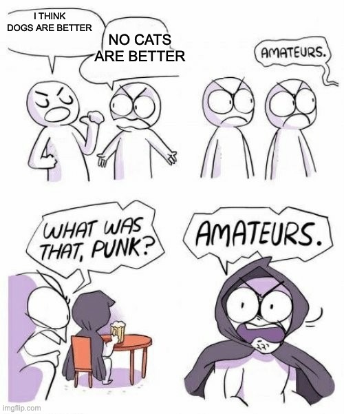 amateurs comic meme | I THINK DOGS ARE BETTER; NO CATS ARE BETTER | image tagged in amateurs comic meme | made w/ Imgflip meme maker
