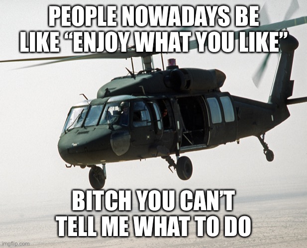 Helicopter | PEOPLE NOWADAYS BE LIKE “ENJOY WHAT YOU LIKE”; BITCH YOU CAN’T TELL ME WHAT TO DO | image tagged in helicopter,memes,shitpost | made w/ Imgflip meme maker