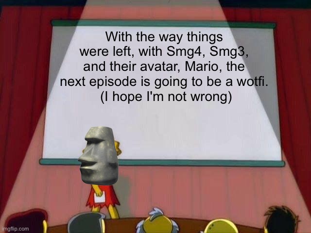 Lisa Simpson's Presentation | With the way things were left, with Smg4, Smg3, and their avatar, Mario, the next episode is going to be a wotfi.
 (I hope I'm not wrong); 🗿 | image tagged in lisa simpson's presentation,wotfi 2021,smg4 | made w/ Imgflip meme maker
