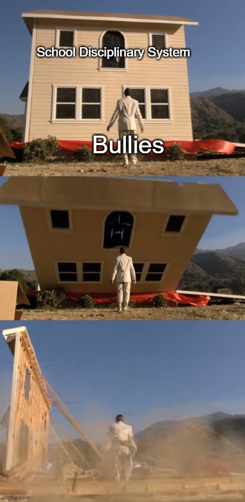 House Falling On Man | School Disciplinary System; Bullies | image tagged in house falling on man | made w/ Imgflip meme maker