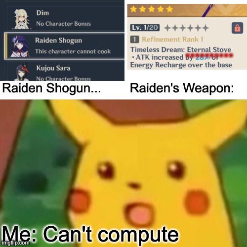 Baal Confuses me | .......... Raiden Shogun...        Raiden's Weapon:; Me: Can't compute | image tagged in memes,surprised pikachu,raiden shogun,baal,genshin impact | made w/ Imgflip meme maker