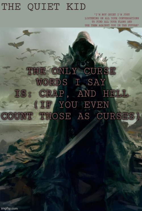 Quiet kid | THE ONLY CURSE WORDS I SAY IS: CRAP, AND HELL (IF YOU EVEN COUNT THOSE AS CURSES) | image tagged in quiet kid | made w/ Imgflip meme maker