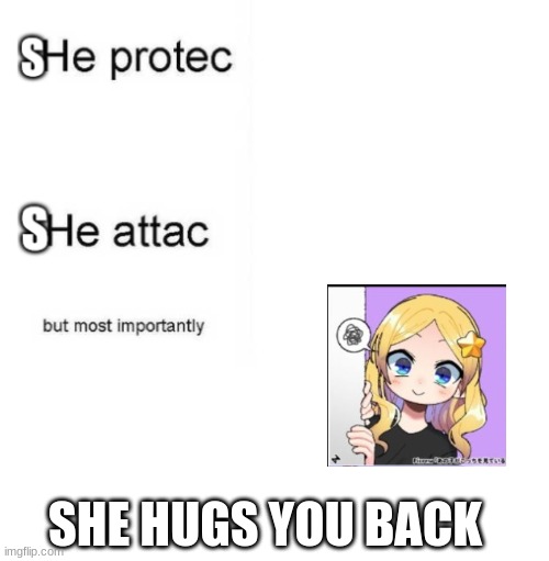 She protec she attac but most importantly | SHE HUGS YOU BACK | image tagged in she protec she attac but most importantly | made w/ Imgflip meme maker