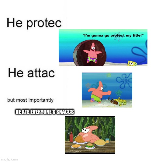 He protec he attac but most importantly | HE ATE EVERYONE'S SNACCS | image tagged in he protec he attac but most importantly | made w/ Imgflip meme maker