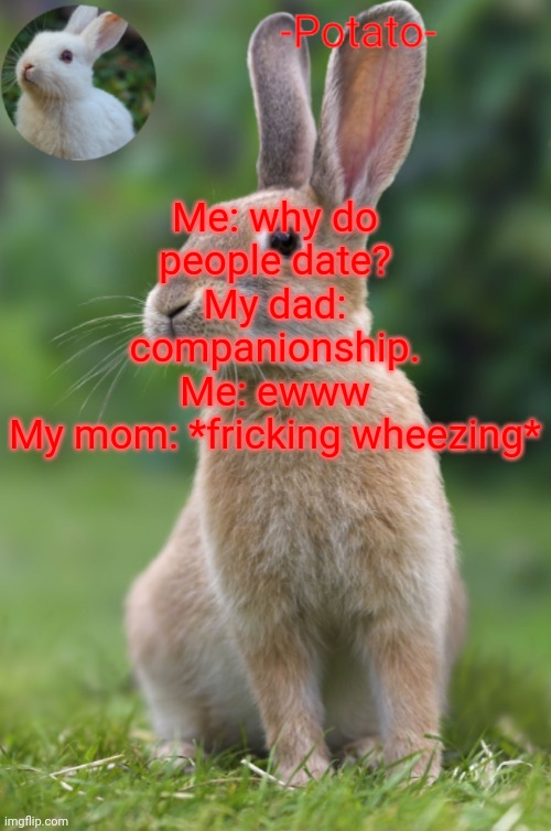 -Potato- rabbit announcement | Me: why do people date?
My dad: companionship.
Me: ewww
My mom: *fricking wheezing* | image tagged in -potato- rabbit announcement | made w/ Imgflip meme maker