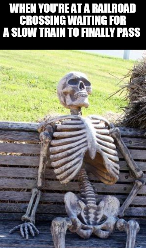 Waiting Skeleton Meme | WHEN YOU'RE AT A RAILROAD CROSSING WAITING FOR A SLOW TRAIN TO FINALLY PASS | image tagged in memes,waiting skeleton,railroad | made w/ Imgflip meme maker