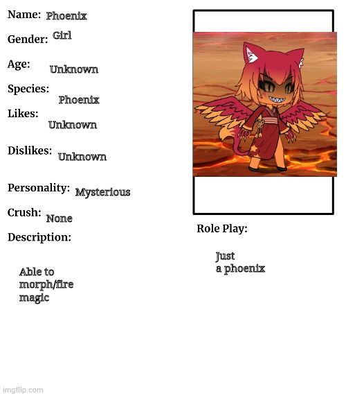 Phoenix OC showcase | Phoenix; Girl; Unknown; Phoenix; Unknown; Unknown; Mysterious; None; Just a phoenix; Able to morph/fire magic | image tagged in rp stream oc showcase | made w/ Imgflip meme maker