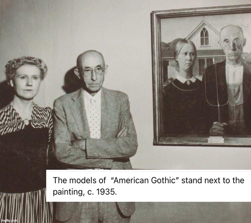American Gothic 100 | image tagged in american gothic 100,painting,photography,photos,historical meme,historical | made w/ Imgflip meme maker