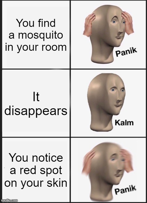 Panik Kalm Panik | You find a mosquito in your room; It disappears; You notice a red spot on your skin | image tagged in memes,panik kalm panik | made w/ Imgflip meme maker