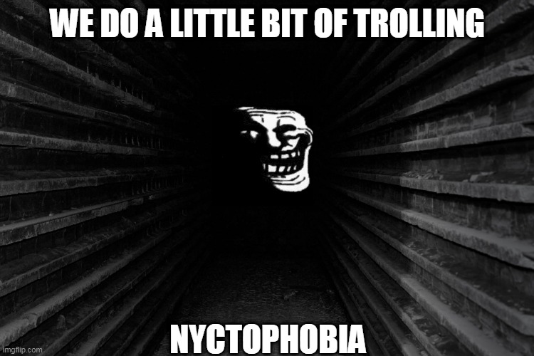 Dark Hallway With Trollge | WE DO A LITTLE BIT OF TROLLING; NYCTOPHOBIA | image tagged in dark hallway,trollge | made w/ Imgflip meme maker