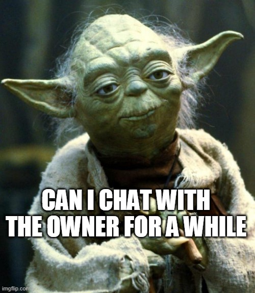 Owner note: yes. I'll answer in the comments. | CAN I CHAT WITH THE OWNER FOR A WHILE | image tagged in memes,star wars yoda | made w/ Imgflip meme maker