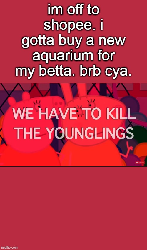 we have to kill the younglings | im off to shopee. i gotta buy a new aquarium for my betta. brb cya. | image tagged in we have to kill the younglings | made w/ Imgflip meme maker