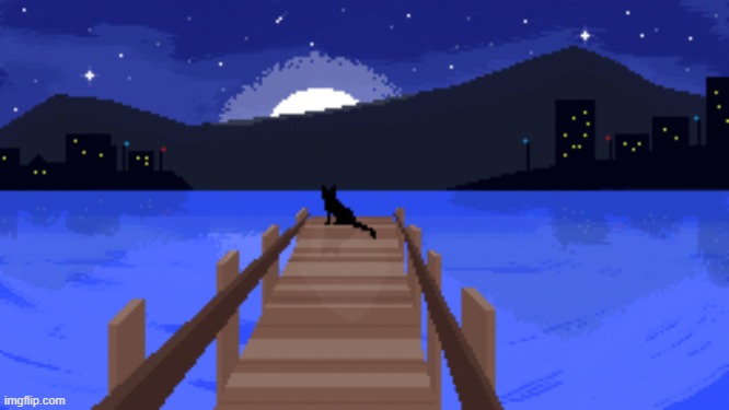 Midnight Pier (Clearer Image: https://art.pixilart.com/65d585126cb87ae.png ) (Also my first time drawing an ocean scene). | image tagged in pixel,art,cats,ocean,city,midnight | made w/ Imgflip meme maker