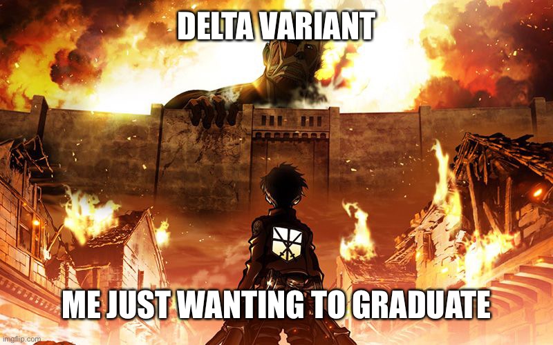 I HATE COVID AND CHINA AND THE PANDEMIC | DELTA VARIANT; ME JUST WANTING TO GRADUATE | image tagged in attack on titan,help me,covid-19 | made w/ Imgflip meme maker