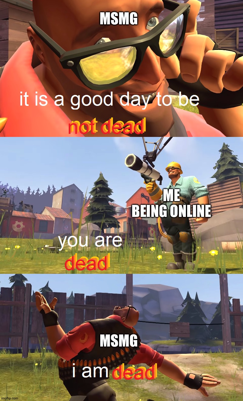Heavy is dead | MSMG; ME BEING ONLINE; MSMG | image tagged in heavy is dead | made w/ Imgflip meme maker