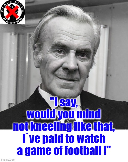 I say ! | "I say,
would you mind
not kneeling like that,
I`ve paid to watch
a game of football !" | image tagged in kneeling | made w/ Imgflip meme maker