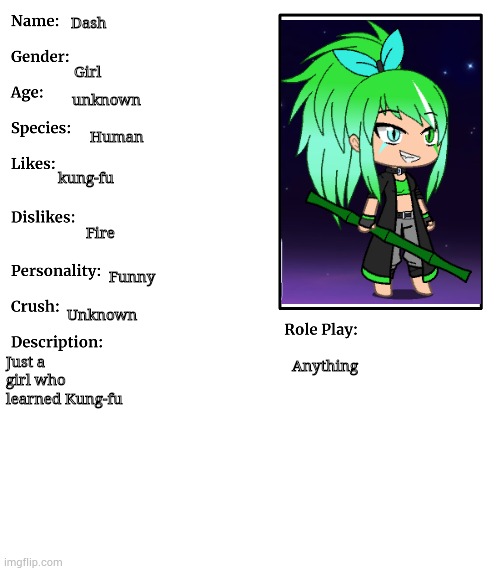 Dash OC showcase | Dash; Girl; unknown; Human; kung-fu; Fire; Funny; Unknown; Just a girl who learned Kung-fu; Anything | image tagged in rp stream oc showcase | made w/ Imgflip meme maker