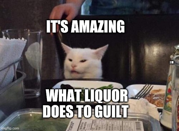 Salad cat | IT'S AMAZING; WHAT LIQUOR DOES TO GUILT; J M | image tagged in salad cat | made w/ Imgflip meme maker