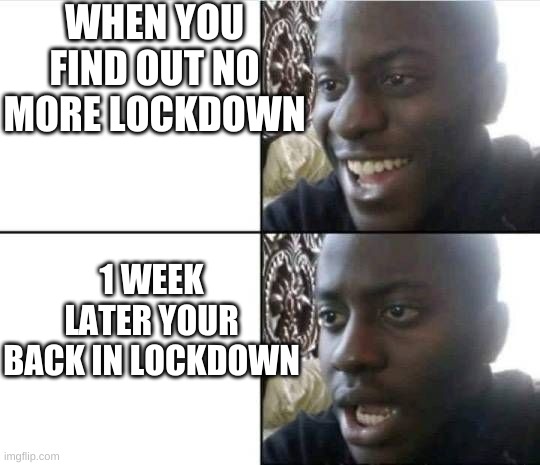 Bruh- | WHEN YOU FIND OUT NO MORE LOCKDOWN; 1 WEEK LATER YOUR BACK IN LOCKDOWN | image tagged in bruh- | made w/ Imgflip meme maker