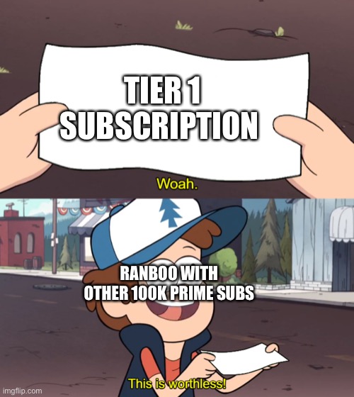 Rich Ranboo (Only Twitch viewers will understand) | TIER 1 SUBSCRIPTION; RANBOO WITH OTHER 100K PRIME SUBS | image tagged in this is worthless,ranboo,twitch,prime subs,memes,dreamsmp | made w/ Imgflip meme maker