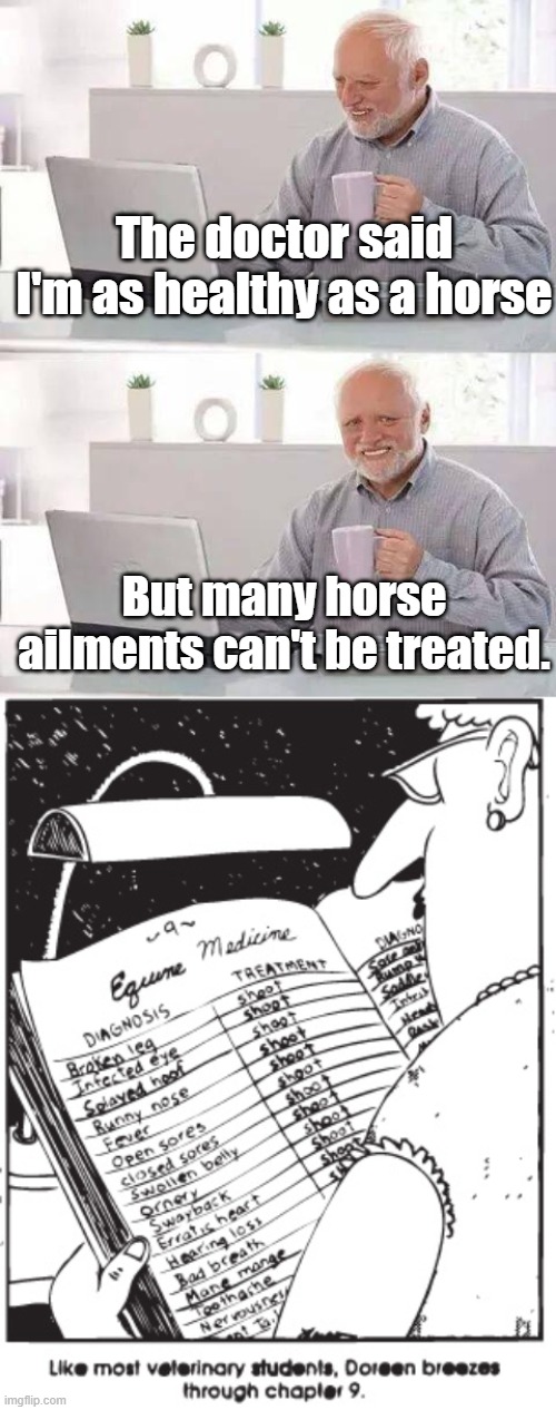 The doctor said I'm as healthy as a horse But many horse ailments can't be treated. | image tagged in memes,hide the pain harold | made w/ Imgflip meme maker