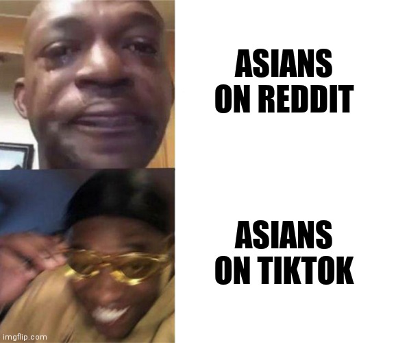 This would be the reason why tiktok is better | ASIANS ON REDDIT; ASIANS ON TIKTOK | image tagged in black guy crying and black guy laughing | made w/ Imgflip meme maker
