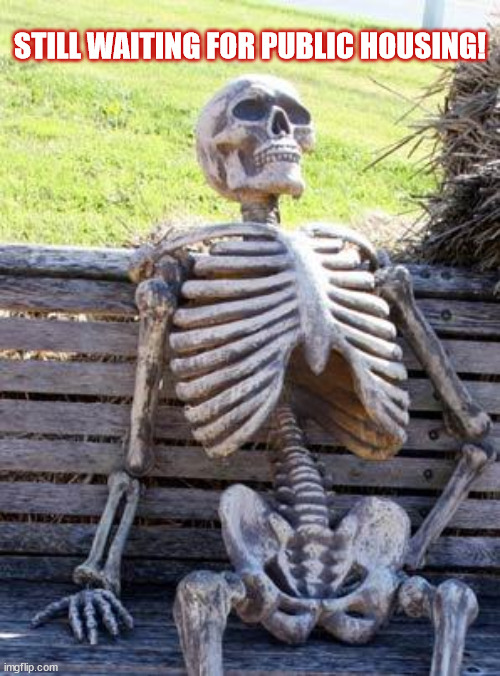 Waiting Skeleton |  STILL WAITING FOR PUBLIC HOUSING! | image tagged in memes,waiting skeleton | made w/ Imgflip meme maker