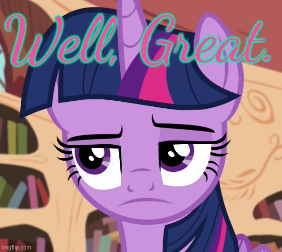 Unamused Twilight Sparkle (MLP) | Well, Great. | image tagged in unamused twilight sparkle mlp | made w/ Imgflip meme maker