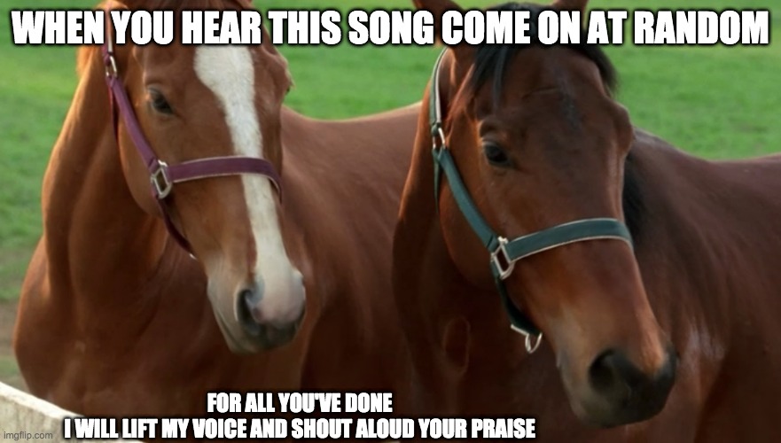 For All You've Done vs . Horses | WHEN YOU HEAR THIS SONG COME ON AT RANDOM; FOR ALL YOU'VE DONE
I WILL LIFT MY VOICE AND SHOUT ALOUD YOUR PRAISE | image tagged in horse,gospel | made w/ Imgflip meme maker