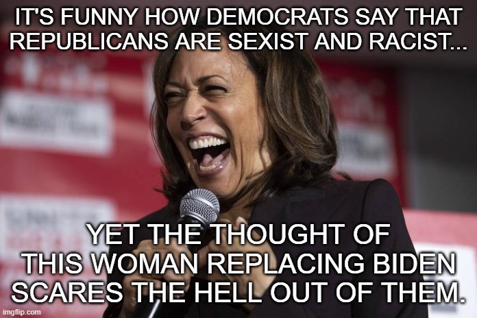 What scares Democrats? | IT'S FUNNY HOW DEMOCRATS SAY THAT REPUBLICANS ARE SEXIST AND RACIST... YET THE THOUGHT OF THIS WOMAN REPLACING BIDEN SCARES THE HELL OUT OF THEM. | image tagged in kamala laughing,democrats,racist,sexist,president,biden | made w/ Imgflip meme maker